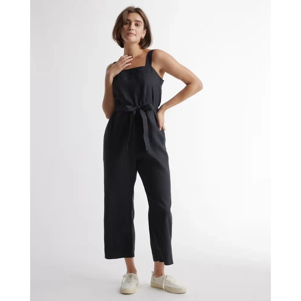 NWT Quince European Linen Square Neck Jumpsuit Womens S Black Tie Waist Wide Leg